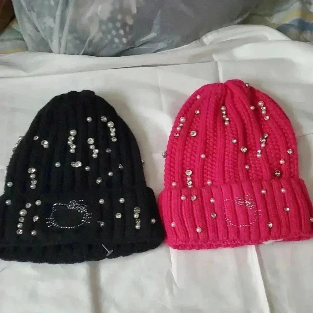 Hello Kitty beanie adored with rhinestones/pearls